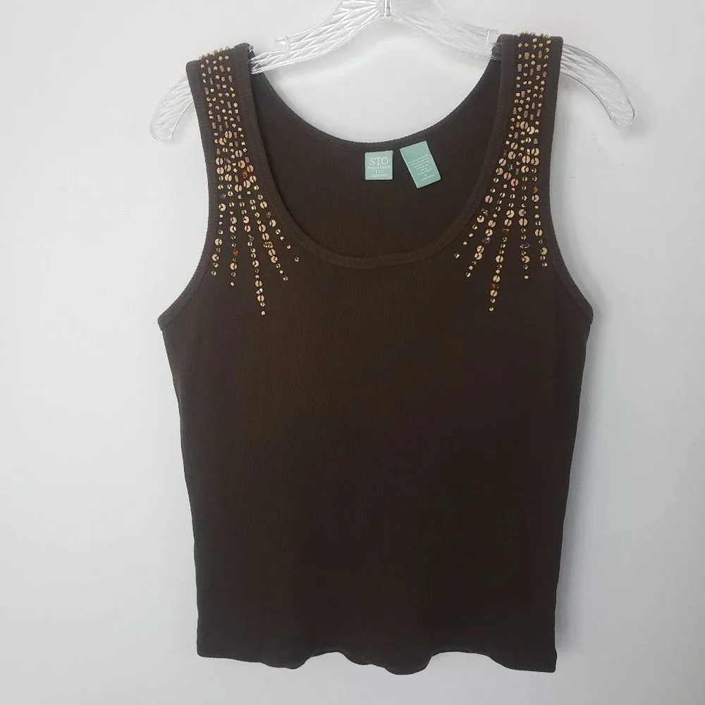 STO Women's Chocolate Sequined Scoop Neck Cotton Shell Shirt Blouse Tank Top - Picture 1 of 11